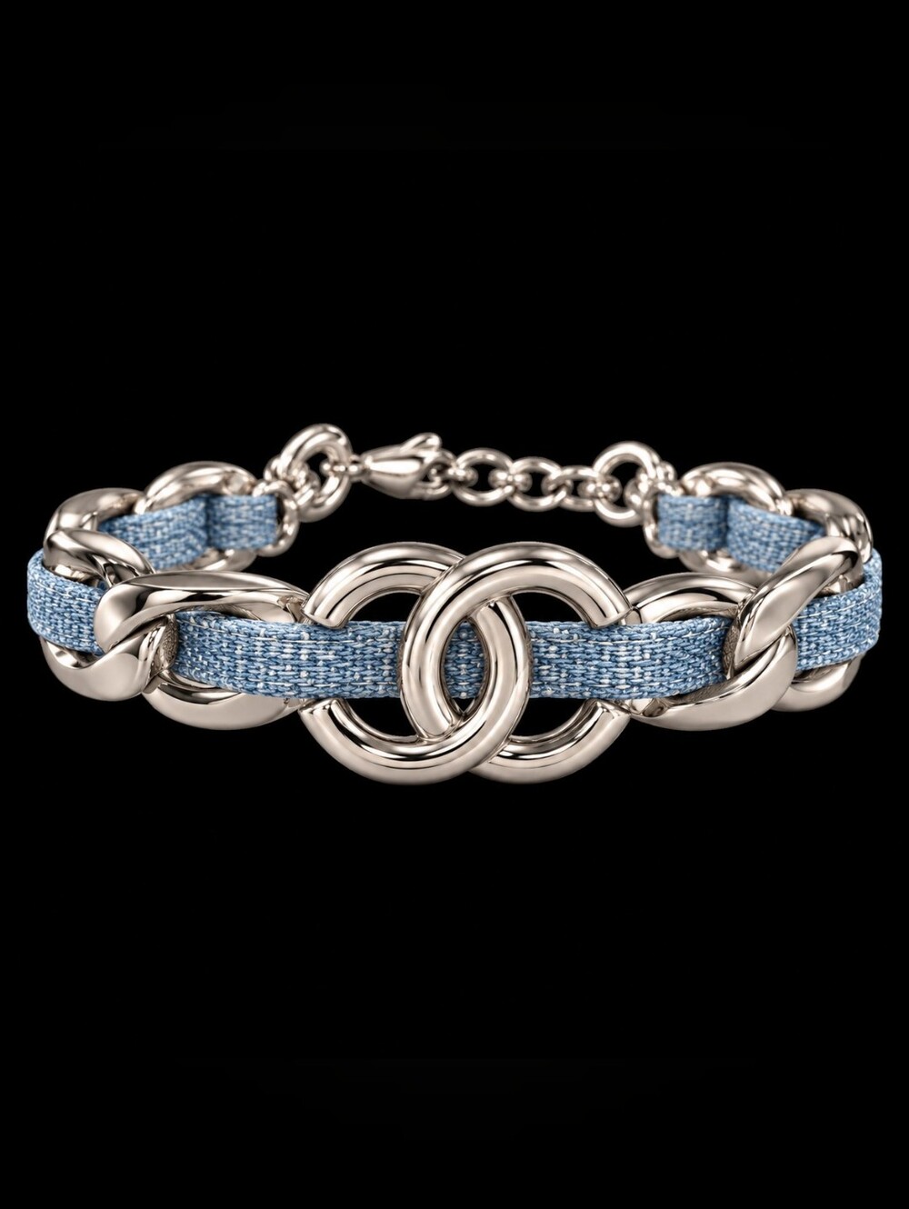 Chanel Silver Chain Bracelet with Light Blue Woven Band